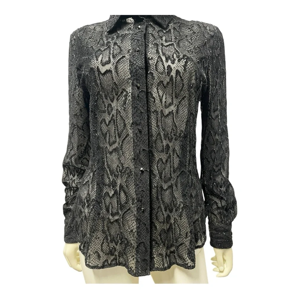Carmen Marc Valvo Collection Black Shimmer Beaded Cocktail Party Shirt Top 8 - Picture 4 of 9